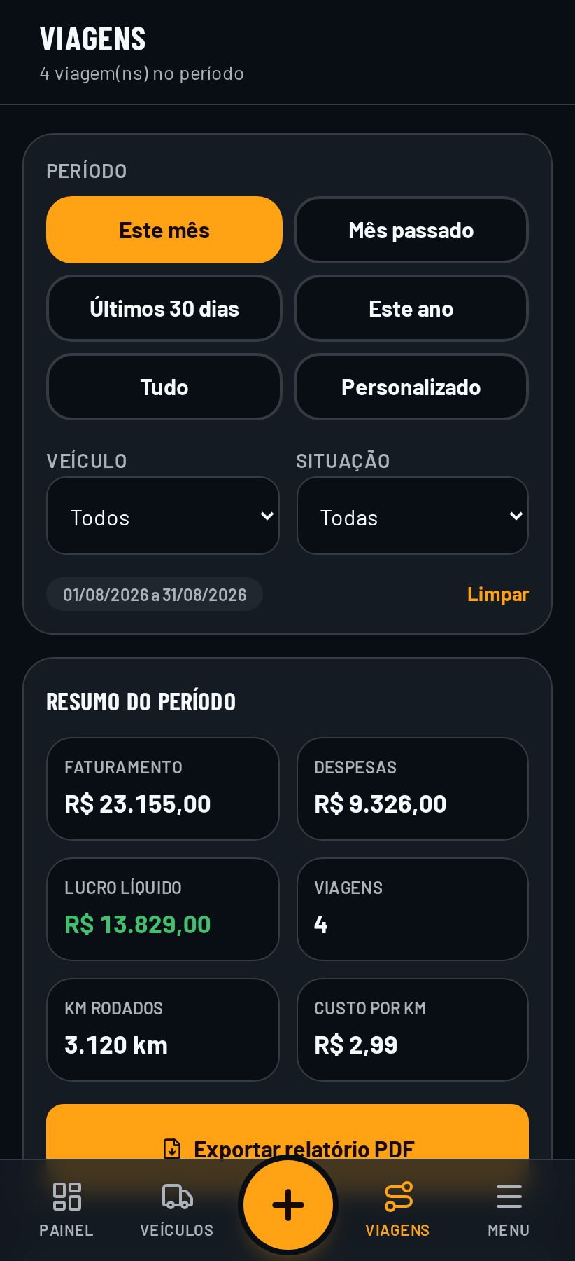 Tela de viagens do Trecho com filtros por período, resumo financeiro e botão de exportar relatório em PDF