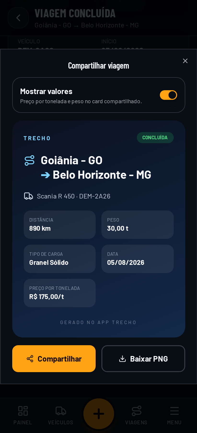 Card de compartilhamento de viagem do Trecho com origem, destino, distância e peso