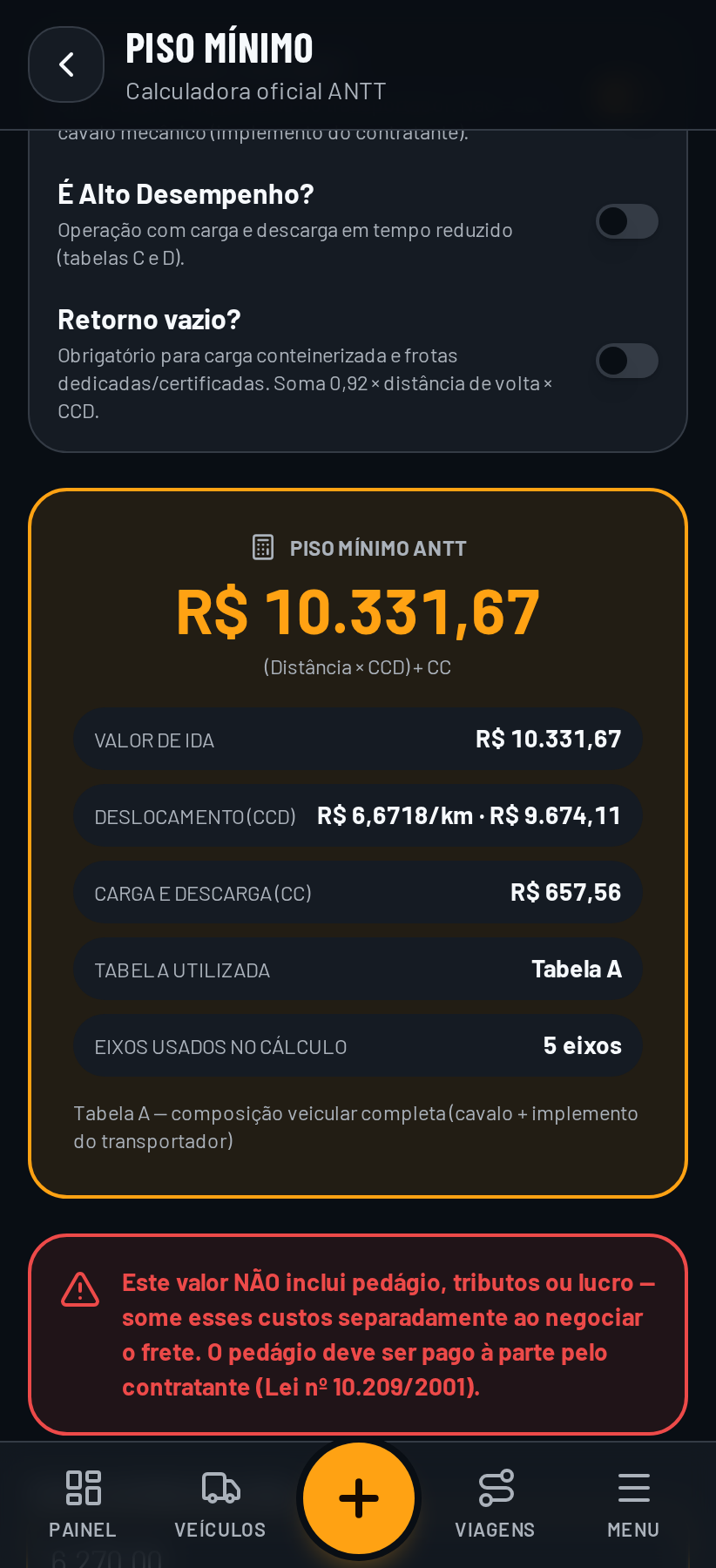 Calculadora de piso mínimo da ANTT do app Trecho mostrando resultado e comparação com frete oferecido